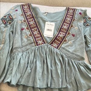 Free People Embroidered Blue Top